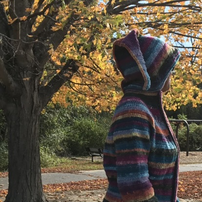 a person stands at the right facing right, in front of a tree with yellow leaves. the person is wearing a crocheted striped multicolored coat and the hood with a long pointed end is up covering most of the person's face.