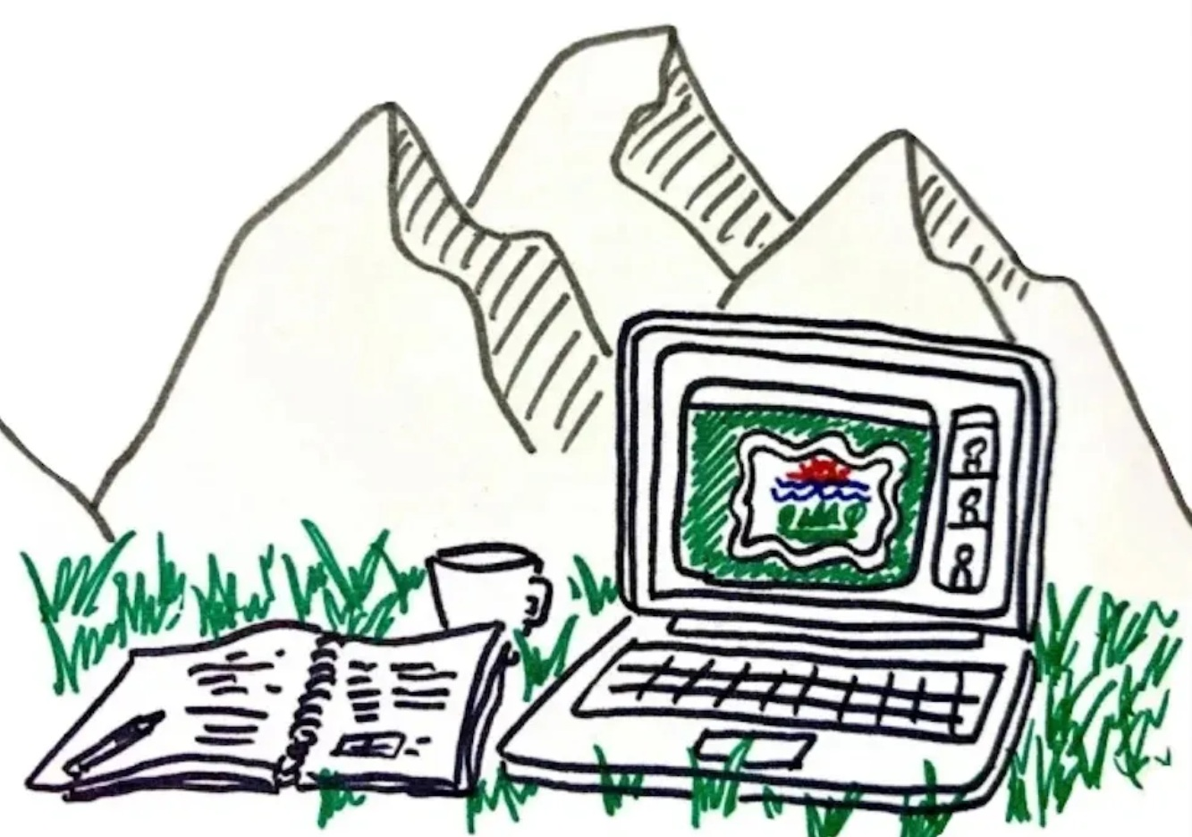 drawn line image of a computer laptop in foreground sitting on grass with a book and cup to its left. Mountain peeks appear in the background. The Abenaki flag is on the computer screen.