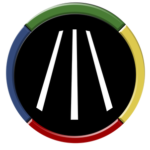 Circular logo, black background with three white lines in center and a border of four colors around the circumference. The white lines are closer together at the top of the circle and radiate out at the bottom (like spread fingers). The middle one goes straight down and the two on each side point diagonally away toward the left and right, respectively. The border of the circle is divided equally into four colors, yellow at right, red at bottom, blue at left and green at top.